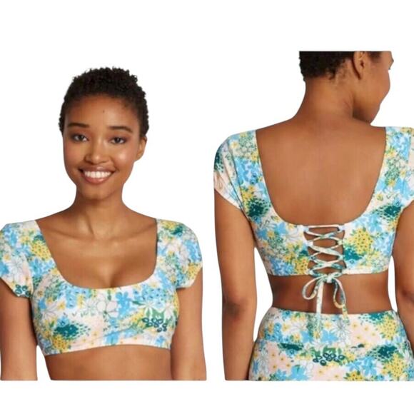 ModCloth NIP Amari Retro Bohemian Vibes Yellow Blue Floral Crop Bikini Top XS - Picture 1 of 15